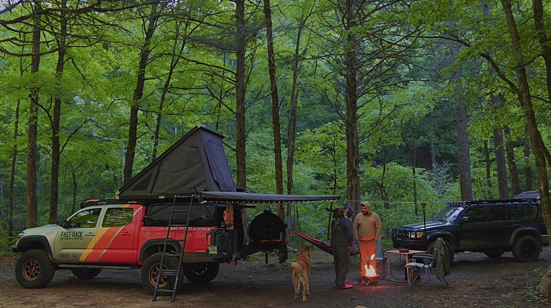 Fast Rack Overland Tacoma at camp in the woods