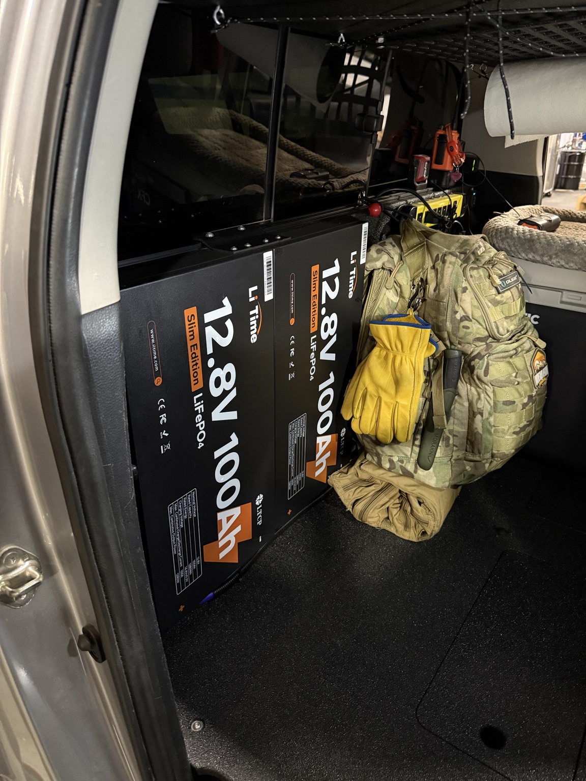 Two LiTime 100Ah batteries installed in the Fast Rack Tacoma